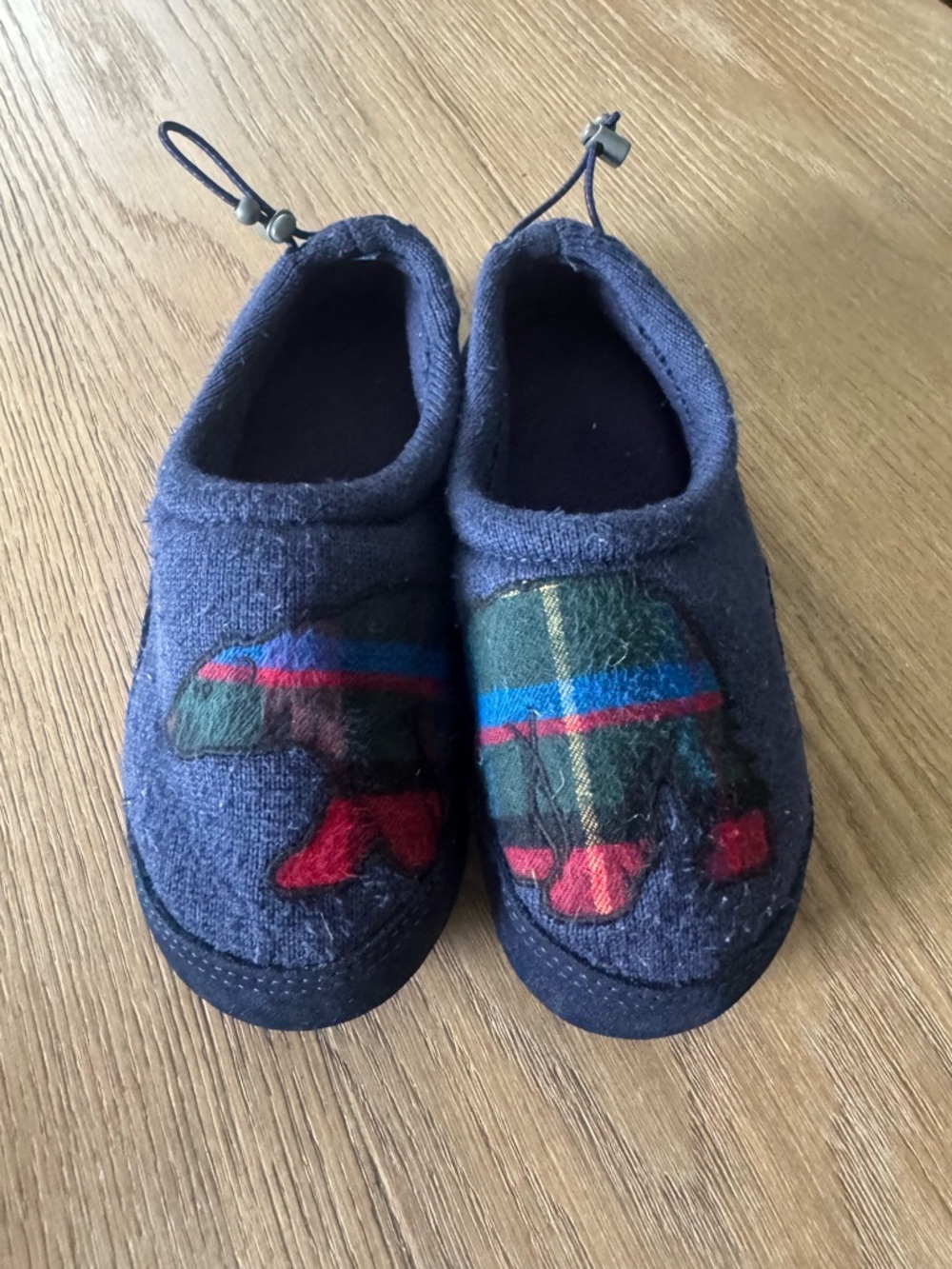 Kids Navy Blue Plush Slip-On Shoes with Plaid Bear Accent